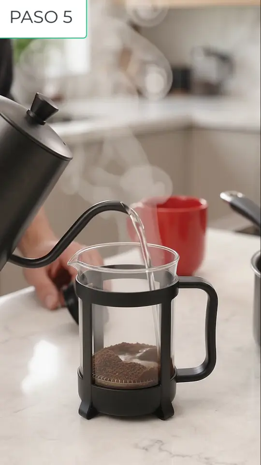 Fotograma del video completo: la tetera vierte agua sobre el café.