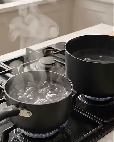 Las dos cacerolas en la cocina: la pequeña hirviendo al frente y la grande detrás.