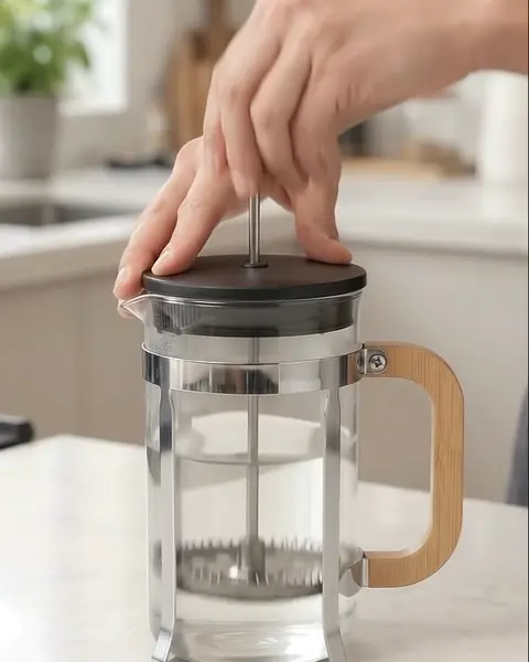 Mano subiendo y bajando el émbolo de la prensa llena de agua caliente.