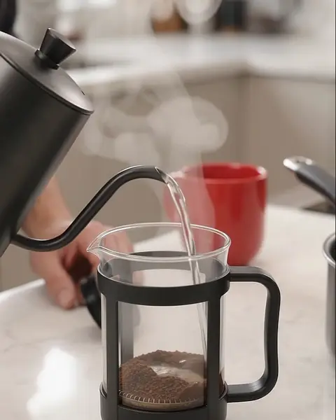 La tetera vierte agua sobre el café dentro de la prensa.