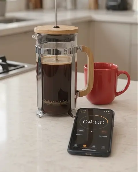 La prensa con el café infusionando junto al celular con un cronómetro en 04:00.
