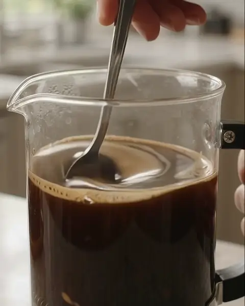 Una cuchara mezcla el café con el agua dentro de la prensa.