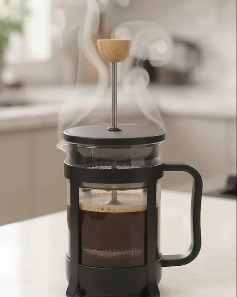 La prensa tapada, con el émbolo arriba, por encima del café y sin tocarlo.